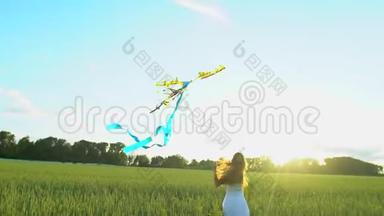 美丽的女孩，风筝随风飞舞，日落时在麦田上奔跑。 自由健康幸福理念。 快乐